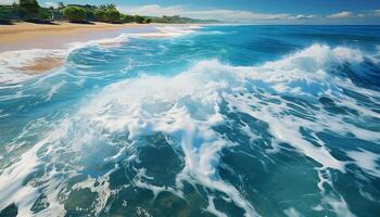 ai généré bleu vague éclabousser sur sablonneux littoral, la nature tranquille beauté généré par ai photo