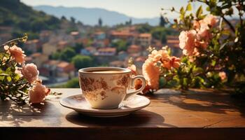 ai généré une Frais café tasse sur une en bois table en plein air généré par ai photo