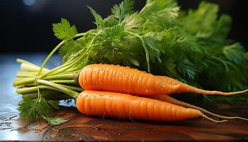 ai généré fraîcheur de biologique des légumes sur en bois tableau, en bonne santé en mangeant généré par ai photo