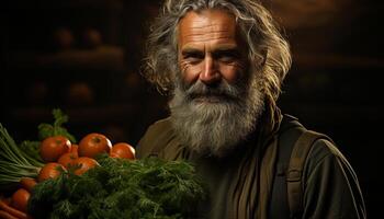 ai généré un Sénior homme, en plein air, en portant Frais biologique légumes, souriant généré par ai photo