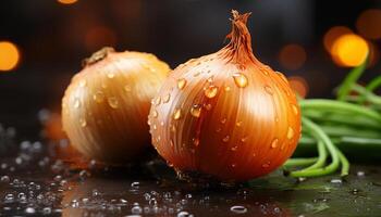 ai généré Frais biologique légumes, humide avec rosée, sur en bois table généré par ai photo