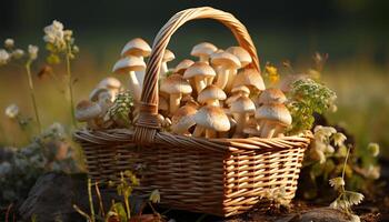 ai généré Frais l'automne récolte comestible champignons, biologique légumes, et mûr des fruits généré par ai photo