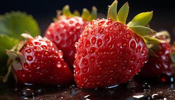 ai généré Frais fraise dessert, mûr et juteux, sur une en bois assiette généré par ai photo