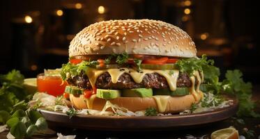 ai généré grillé Burger avec fromage, tomate, et Frais des légumes sur chignon généré par ai photo