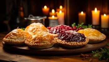 ai généré fait maison sucré tarte avec Frais baie fruit sur rustique table généré par ai photo