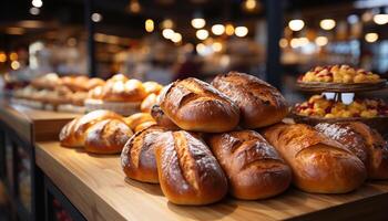 ai généré fraîchement cuit pain sur rustique tableau, une gourmet délice généré par ai photo