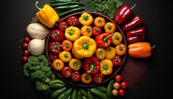 ai généré frais, en bonne santé des légumes tomate, poivre, oignon, concombre, carotte, Ail généré par ai photo