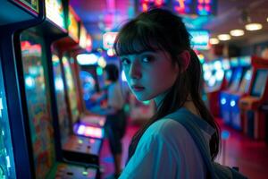 ai généré une fille en jouant dans une rétro Jeu centre avec néon lumières et arcade Machines photo