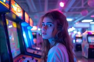 ai généré une fille en jouant dans une rétro Jeu centre avec néon lumières et arcade Machines photo