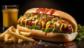 ai généré grillé du boeuf sandwich avec frites, chaud chien, et ketchup généré par ai photo