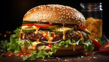 ai généré grillé Burger avec fromage, tomate, et oignon sur chignon généré par ai photo