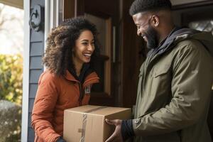 ai généré une homme et femme sont en portant une boîte à l'extérieur leur Accueil photo