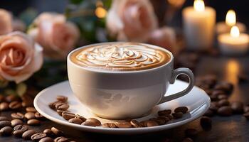 ai généré chaud café tasse sur en bois table avec mousseux Lait généré par ai photo