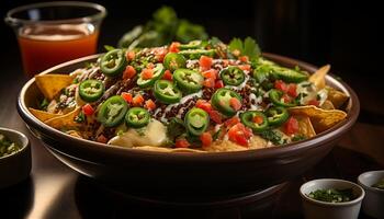 ai généré une en bonne santé végétarien repas Frais salade, guacamole, et fait maison salsa généré par ai photo