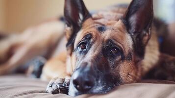 ai généré fermer de une allemand berger chien repos à Accueil photo