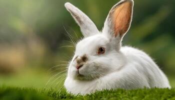 ai généré blanc fermer lapin sur herbe photo