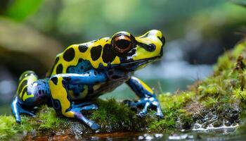 ai généré portrait dard grenouille fermer séance près une Lac photo