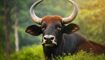 ai généré gaur visage fermer repos sur herbe photo