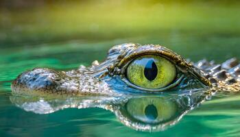 ai généré crocodile œil fermer nager dans rivière photo