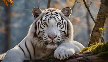 ai généré blanc tigre visage repos sur vert herbe photo