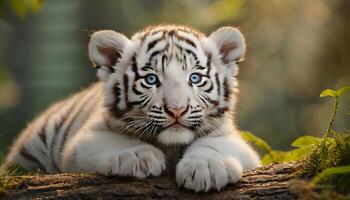 ai généré nouveau née bébé blanc tigre lionceau séance sur herbe photo