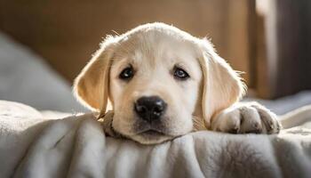 ai généré adorable nouveau née bébé Labrador chiot repos sur lit photo