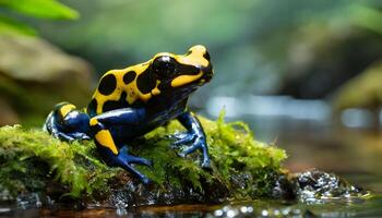 ai généré portrait de une coloré Jaune dard grenouille repos près rivière photo