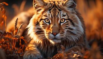 ai généré majestueux tigre en regardant, beauté dans nature, chat sauvage dans herbe généré par ai photo