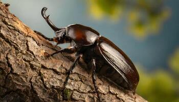 ai généré fermer de une noir chauve scarabée en marchant sur une branche de arbre photo