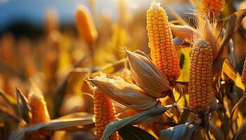 ai généré mûr blé sur le épi, vibrant l'automne Prairie décoration généré par ai photo