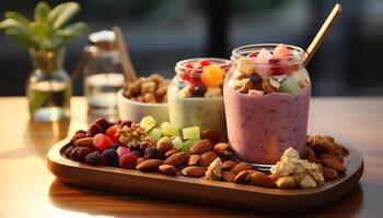ai généré en bonne santé en mangeant Frais fruit, yaourt, granola, et amande Milk-shake généré par ai photo