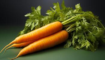 ai généré fraîcheur et en bonne santé en mangeant légume, carotte, feuille, BIO, vert Couleur généré par ai photo