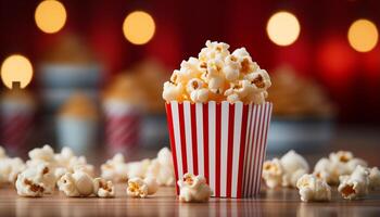 ai généré en train de regarder film, le grignotage sur Frais pop corn dans Jaune bol généré par ai photo