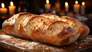 ai généré fraîchement cuit pain sur rustique tableau, prêt à manger gourmet repas généré par ai photo