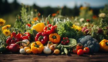 ai généré frais, biologique des légumes sur rustique en bois tableau, une en bonne santé le banquet généré par ai photo