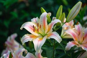 ai généré élégant fleurs de lys florissant dans le jardin photo