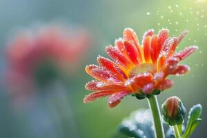 ai généré embrassé par la rosée Orange gerbera fleur dans doux Matin lumière photo