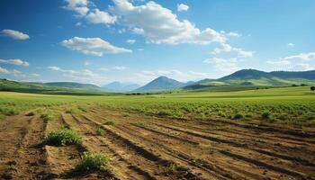 ai généré tranquille scène vert prairie, Montagne gamme, bleu ciel généré par ai photo