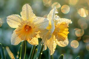 ai généré couvert de rosée jonquilles dans Matin lumière photo