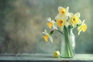 ai généré ancien vase avec Frais jonquilles photo