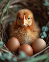 ai généré poulets dans une panier avec des œufs. une bébé poulet est assis satisfait dans une nid, entouré par deux des œufs. photo