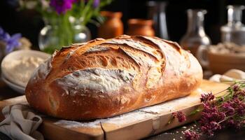 ai généré fraîchement cuit fait maison pain ciabatta sur rustique en bois table généré par ai photo