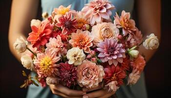 ai généré femmes en portant bouquet, fleur arrangement, la nature beauté dans un généré par ai photo