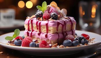 ai généré une fait maison baie cheesecake tranche sur une en bois table généré par ai photo