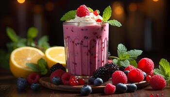 ai généré fraîcheur dans une bol framboise, myrtille, et fraise Milk-shake généré par ai photo