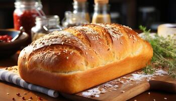 ai généré fraîchement cuit fait maison pain ciabatta sur rustique en bois table généré par ai photo