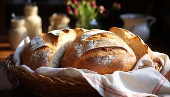 ai généré fraîchement cuit pain dans une rustique panier, une en bonne santé repas généré par ai photo