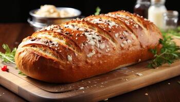 ai généré fraîchement cuit fait maison pain ciabatta pain sur en bois table généré par ai photo