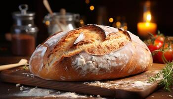 ai généré fraîchement cuit fait maison pain ciabatta sur rustique en bois table généré par ai photo