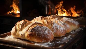 ai généré pain cuit dans bois mis à la porte four, rustique et sain généré par ai photo
